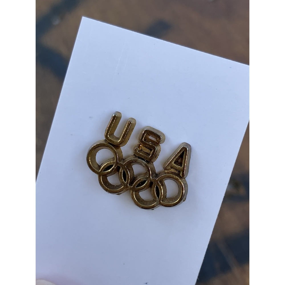 Vintage USA Olympic Rings Lapel Pin Gold Tone Team USA Hat Tie Tac .75Inch
